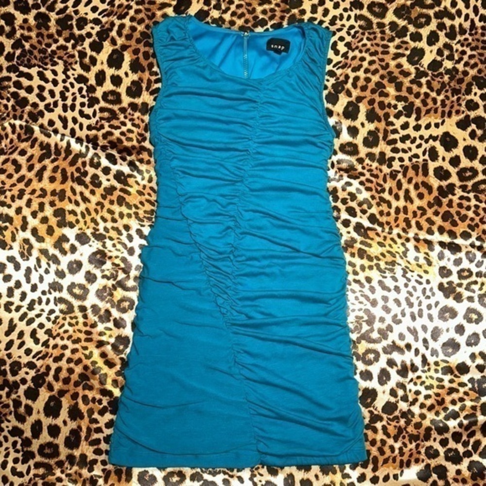 Snap Blue Teal Ruched Bodycon Dress